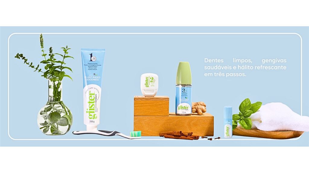 na imagem a linha completa da glister no brasil, creme dental, fio , escovas e nexaguante bucal concentrado.