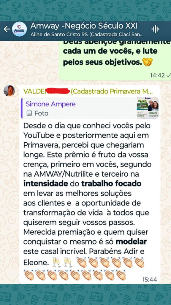 um depoimento de um empresário do mato groso agradecendo a Eleone e o Adir Pettenon por tudo
