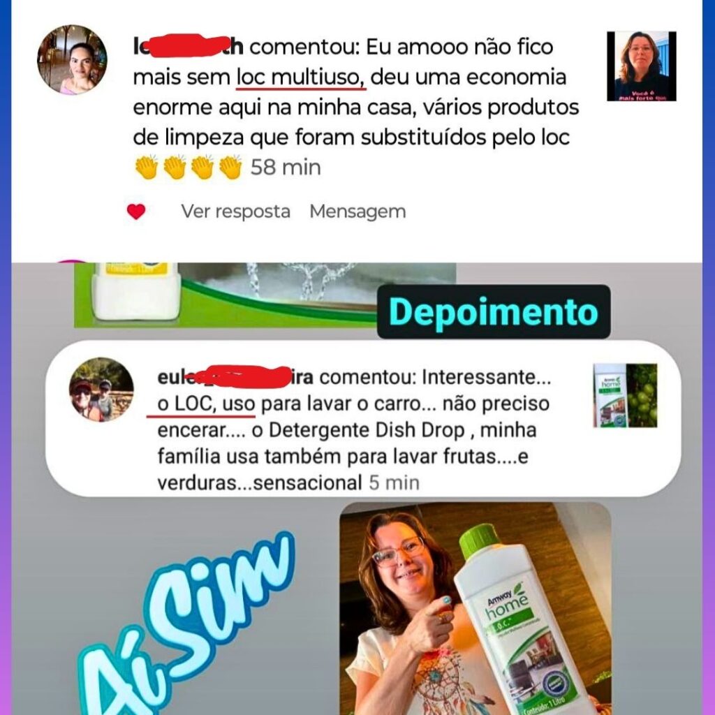 dois depoimentos recebido no YouTube sobre como foi bom usar o Limpador Multiuso Concentrado LOC da Amway Home