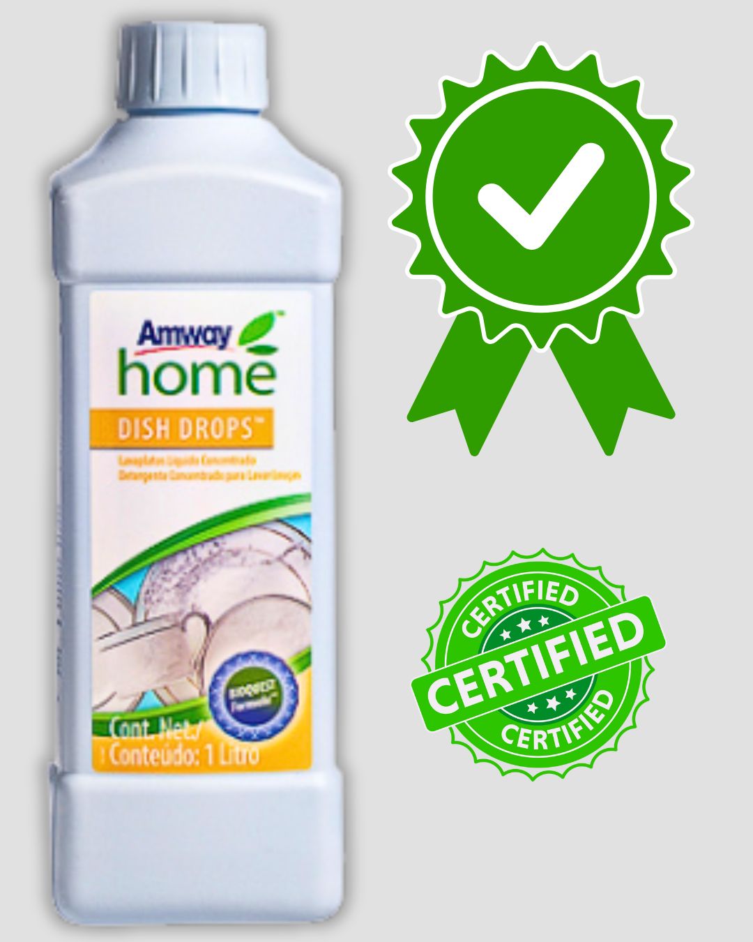 Frasco do Detergente Dish Drops Amway com espuma e louça limpa