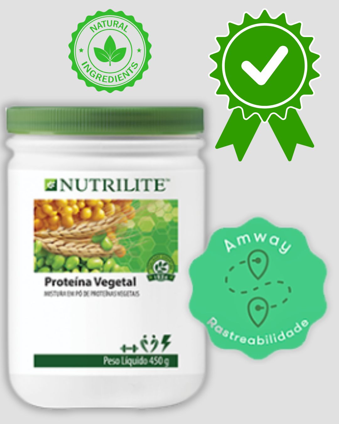 Pote da Proteína Vegetal Nutrilite com porção preparada ao lado