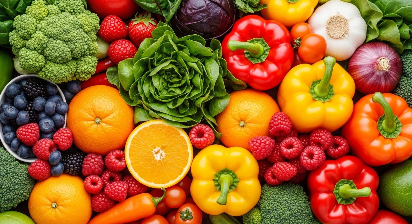 Frutas de acerola frescas e representação de intestino saudável, conectando imunidade e saúde digestiva.