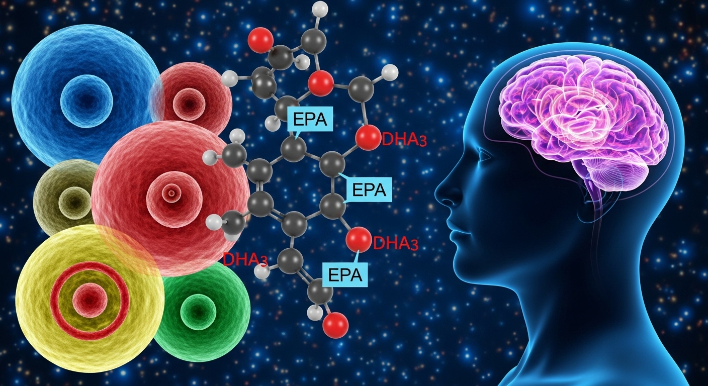Representação da saúde cerebral com foco em neurônios e Ômega-3.