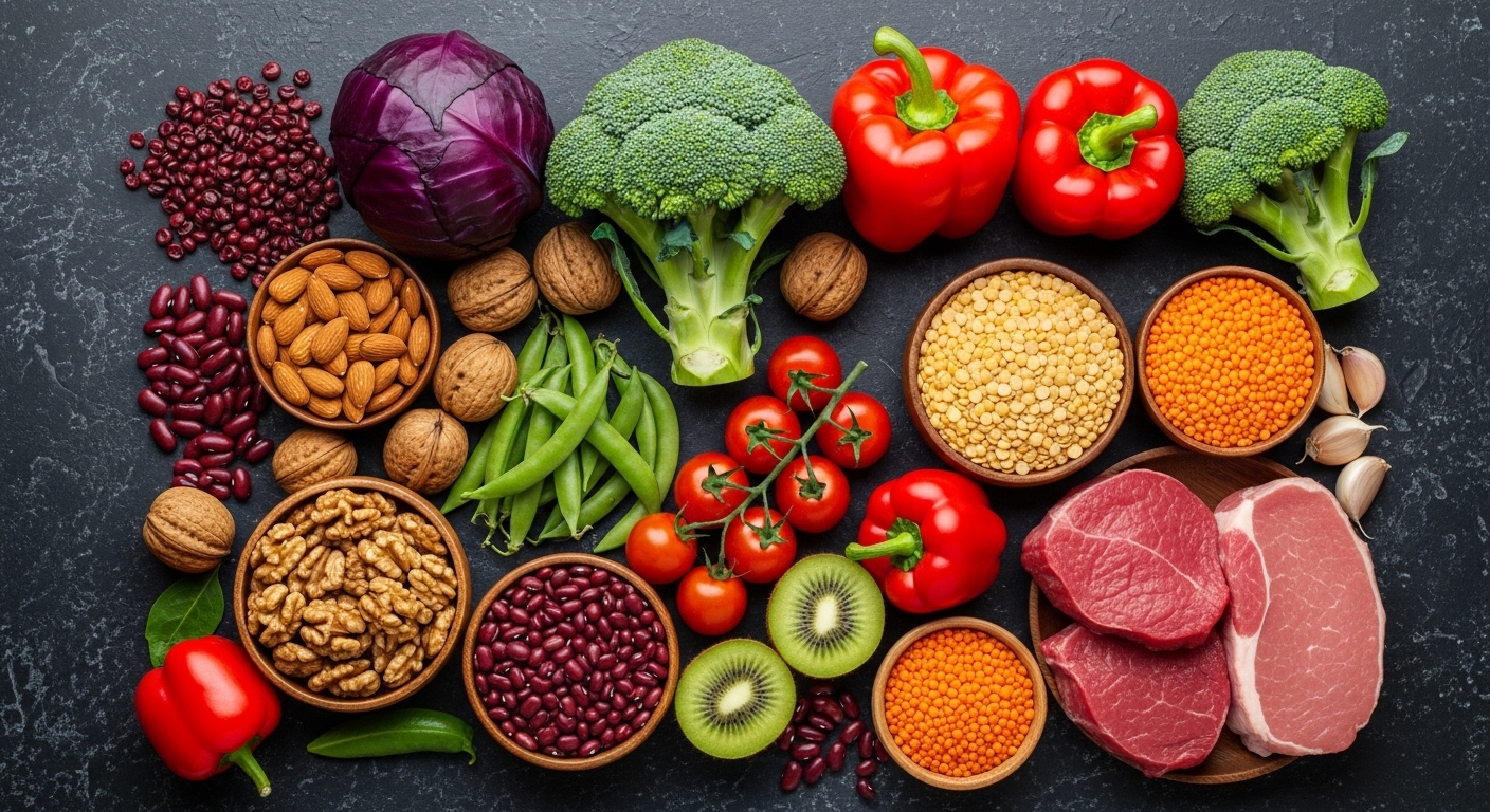 Embalagem da Proteína Vegetal Nutrilite e diversos alimentos à base de plantas, simbolizando nutrição completa e versatilidade.
